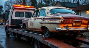 Tow truck loading a rusted car for removal in Chatham, representing professional junk car removal services with free towing and cash offers.